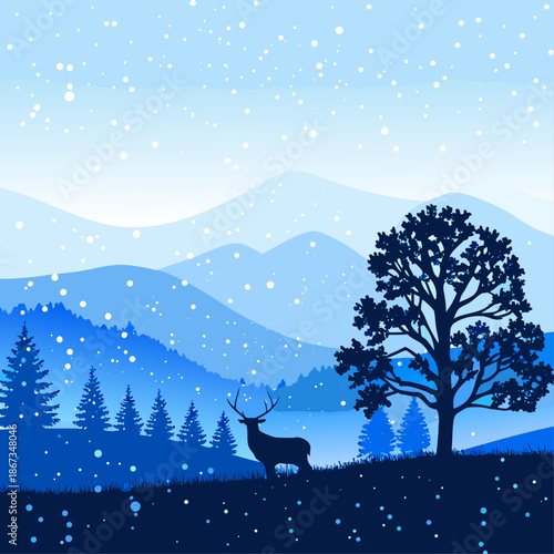 Majestic deer standing under snowy tree in serene mountain landscape