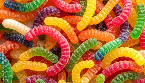 Vibrant and colorful gummy worms scattered in a playful, close-up arrangement