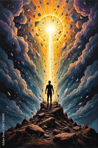 A surreal image in a 2:3 aspect ratio depicting a transformation, showing the shadow of a human figure gradually emerging from the cracked ground below, towards clarity and light above.