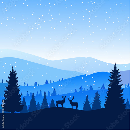 Serene winter landscape with deer in snowy mountains at dusk