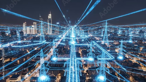 Futuristic City Power Grid Concept - An overhead view of a city at night with stylized glowing blue power lines and electricity pylons visualized above the buildings.