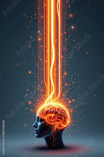 Digital illustration of a glowing brain radiating vibrant energy a symbolic expression of thought, emotion, and cognitive awakening.
