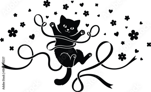 Ornate vector illustration of a black cat silhouette sitting on a floral tree branch with decorative leaf swirls and nature elements on a white background design