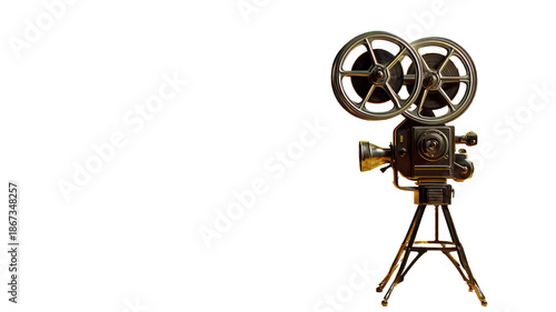 Vintage film movie camera with twin reels classic cinema equipment on tripod isolated on white background