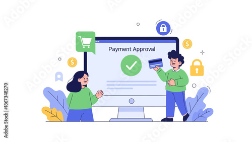 Digital Payment Authorization with Secure Online Shopping Illustration