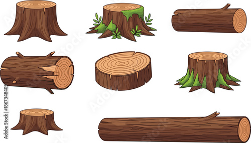 Cartoon tree stumps and logs with moss, forest wood textures, nature elements, bark details, and tree rings illustration set.