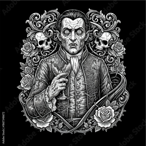 Detailed Black and White Gothic Vampire Portrait Engraving