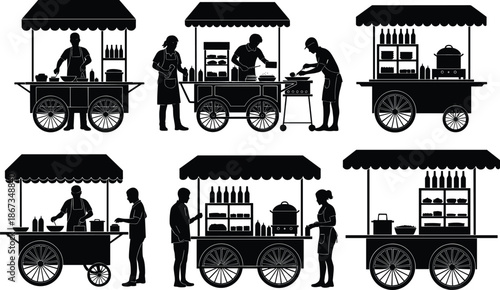 Silhouettes of diverse street food vendor carts with cooking activity for urban culture, culinary illustration, and market design.