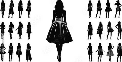 Silhouettes of women in various dress styles, fashion poses, vintage and modern outfits for design, illustration, and styling inspiration.
