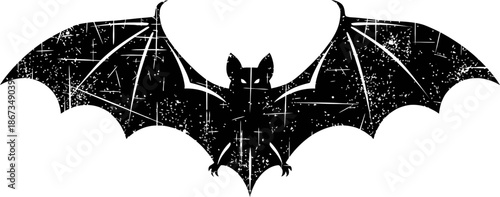 Grungy Black Bat Silhouette with Outstretched Wings on White Background Halloween Icon