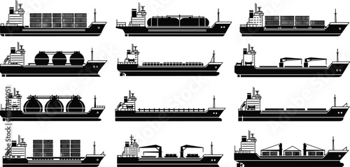 Silhouettes of twelve cargo ship types including tankers, container ships, and bulk carriers for maritime transport and logistics design.