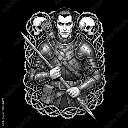 Dark armored warrior illustration with spear and Gothic skulls.