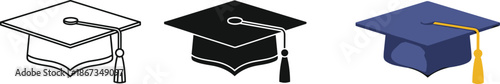 Three graduation cap illustrations in outline, black, and blue styles with tassels for academic achievement and education design.