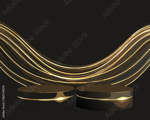 Elegant golden ribbons and black platforms create a luxurious display backdrop