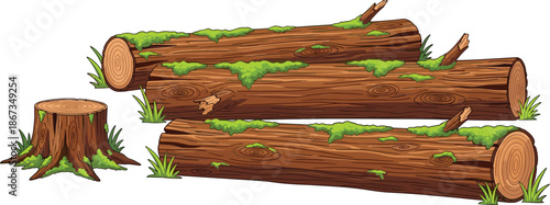 Tree logs and stump with moss and grass on forest floor, showing wood texture, nature elements, and logging aftermath illustration.