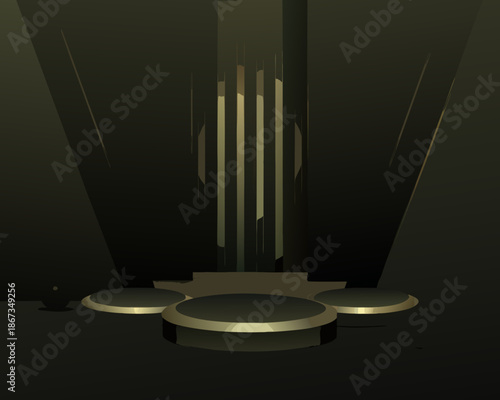 Abstract architectural rendering featuring a stage with platforms and dramatic lighting