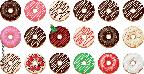 Vector Illustration Set of Assorted Glazed Donuts with Colorful Frosting and Toppings