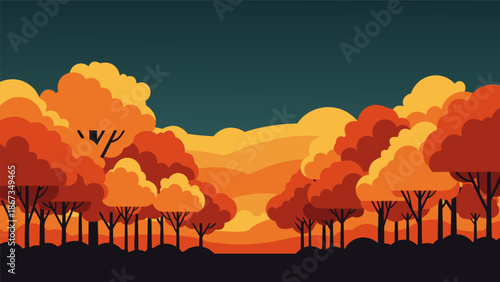 Vibrant Autumn Forest Landscape A Stylized Vector Illustration of a Tree Line in Warm Orange and Yellow Hues Against a Teal Sky