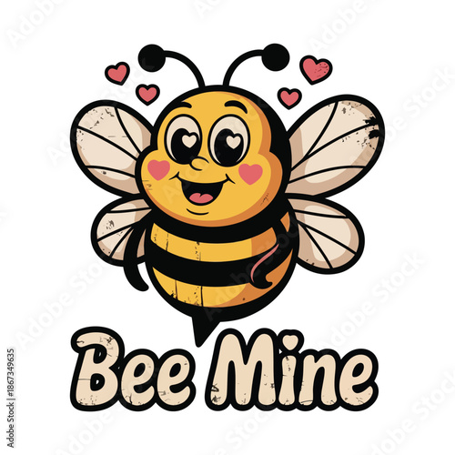 A charming cartoon bee with heart motifs and the text bee mine is cheerfully displayed radiating sweetness and affection high-quality.