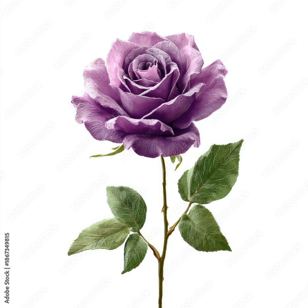 Obraz premium Purple rose blooming with green leaves on white background