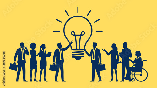 Business People Silhouettes with Lightbulb Idea.