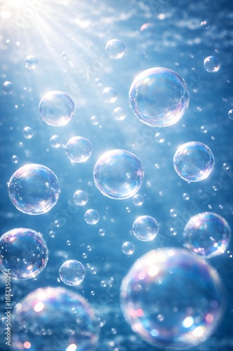 Wallpaper Mural Close-up view of transparent soap bubbles floating in water with iridescent reflections and soft light. The image represents lightness, purity, joy, freshness, and abstract beauty. Torontodigital.ca