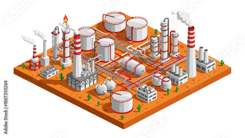Isometric Vector Illustration of an Oil Refinery Complex with Storage Tanks and Processing Units