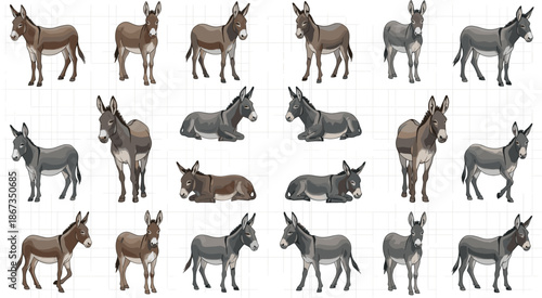 Vector Illustration Set of Donkeys in Various Standing and Resting Poses