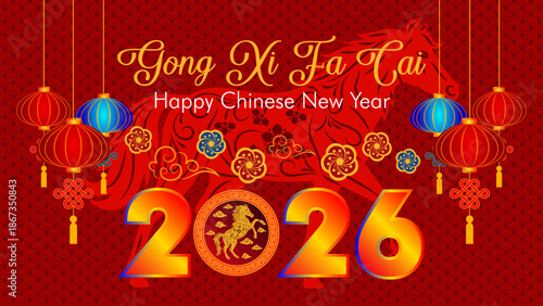 Vibrant Chinese New Year 2026 celebration artwork featuring Gong Xi Fa Cai lettering, Fire Horse zodiac emblem, hanging lanterns, floral ornaments, and rich red festive patterns.