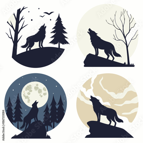 Silhouettes of wolves howling under the moon