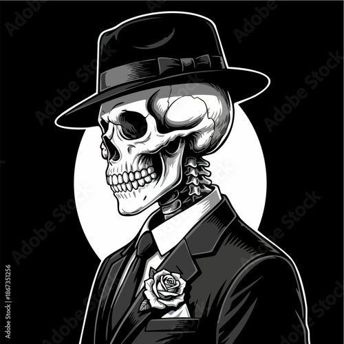 Stylish skeleton in fedora hat and suit monochrome illustration.