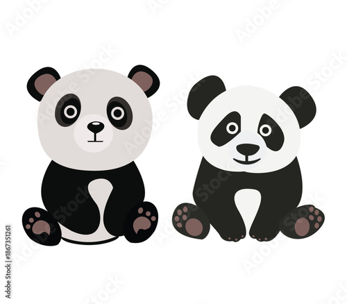 Two Adorable Flat Cartoon Pandas Sitting