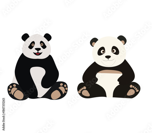 Two Adorable Flat Cartoon Pandas Sitting