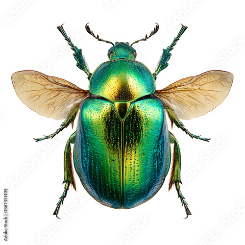 A vibrant iridescent green beetle spreads its wings against a contrasting black background
