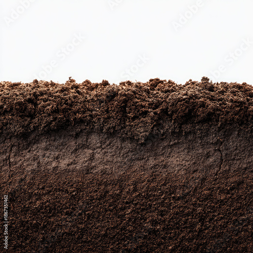 Rich dark soil texture with natural layers isolated white