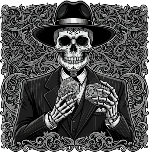 Stylish Skeleton Gambler in Suit Holding Poker Chips Vector