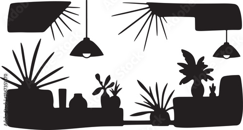 Black Silhouette of Plants and Hanging Lamps Indoors