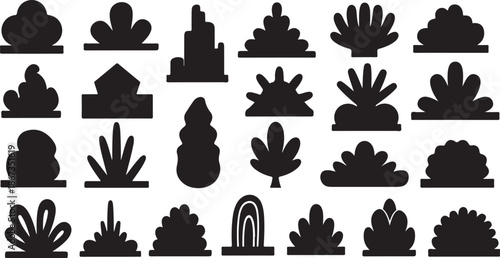 Collection of various black plant silhouettes on white background