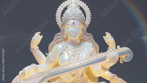 Golden statue of Hindu goddess playing veena with serene glow.