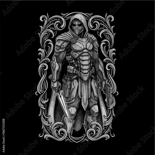 Armored Futuristic Warrior Engraving with Vintage Frame Design