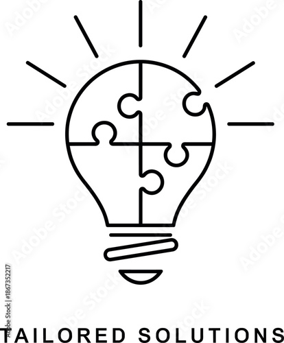 Tailored solutions icon with light bulb and jigsaw puzzle pieces in minimalist line art