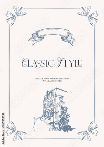 Fully editable wedding pre-made design in a vintage, classic style. Flat, line digital illustration in a hand-drawn monochrome color scheme. Vector