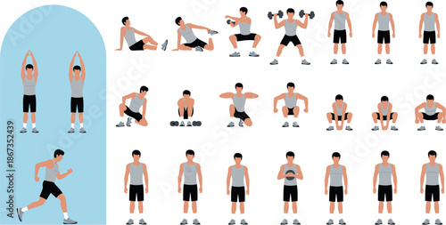 Vector Illustration Set of Men Performing Various Fitness Exercises and Workouts