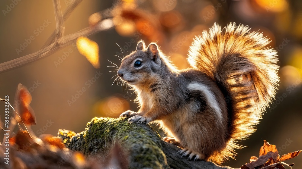 Obraz premium squirrel in autumn forest with vibrant colors and soft bokeh background, wildlife photography, nature close-up, cute animal portrait - AI Generated Digital Art