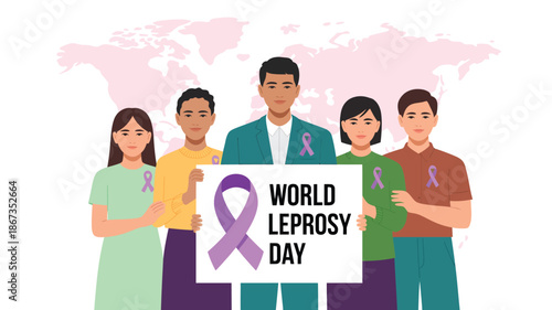  World Leprosy Day awareness illustration with diverse people holding banner and ribbon symbol on global map background promoting health education and disease awareness