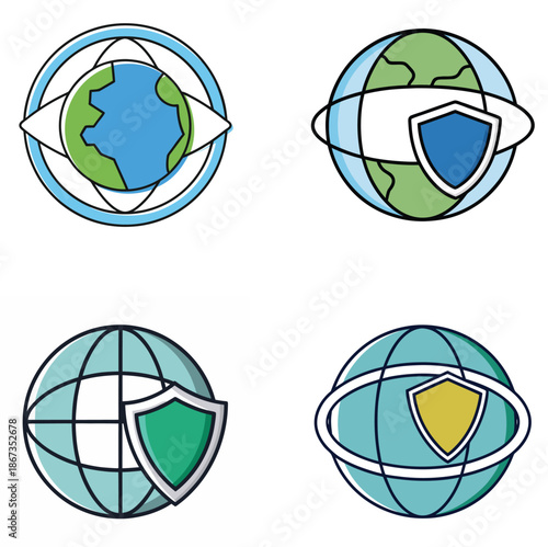 Globe with protective shield, minimal icon