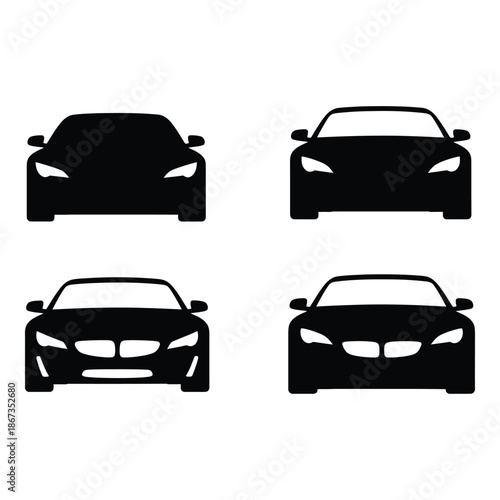 Four simplistic black silhouettes of modern cars front views displayed
