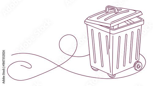 Whimsical illustration of a wheeled trash can with a playful, flowing line