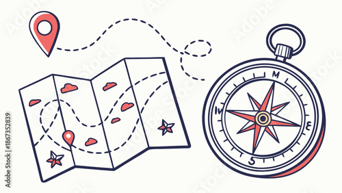 Hand-drawn map with a compass and location pin, symbolizing adventure and exploration