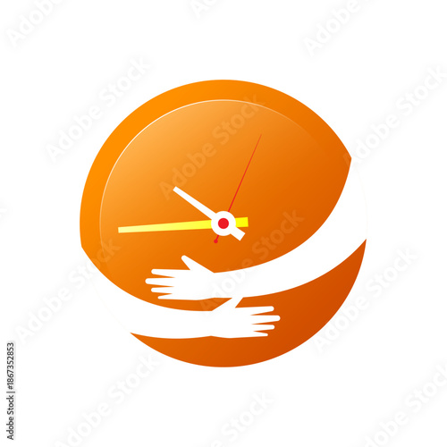 Vector illustration of hands hugging round clock. saving time, management, productivity, valuing every moment. Concept of efficiency, smart planning, work life balance, deadline control protection